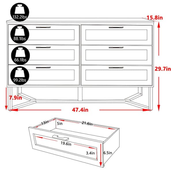 Yellow Bamboo 6-Drawer 47.4 in. W Dresser Rattan Chest of Drawer with Unique Base (29.7 in. H x 15.8 in. L)