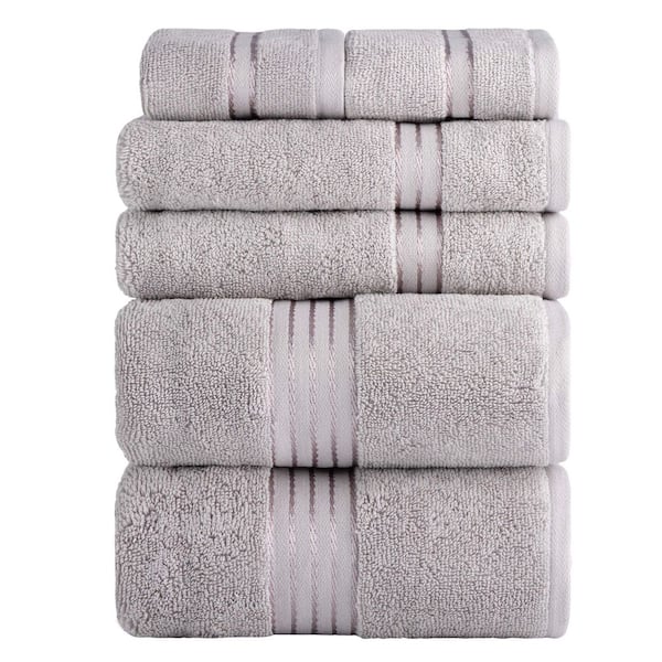6-Piece Silver Solid 100% Cotton Bath Towel Set with Satin Stripes