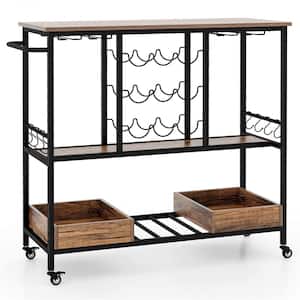 Rustic Brown 3-Tiers Bar Cart Home Serving Cart on Wheels with Glass Racks Wine Holders