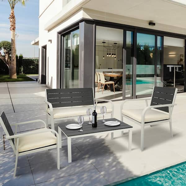 grossag White 4-Piece Steel All Weather Outdoor Patio Conversation Set with Coffee Table and Wood Tabletop, Beige Cushions