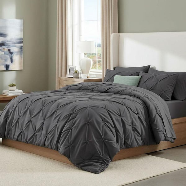 Pinch Pleat King 7-Piece Dark Grey Comforter Set Polyester Bed in a Bag ...