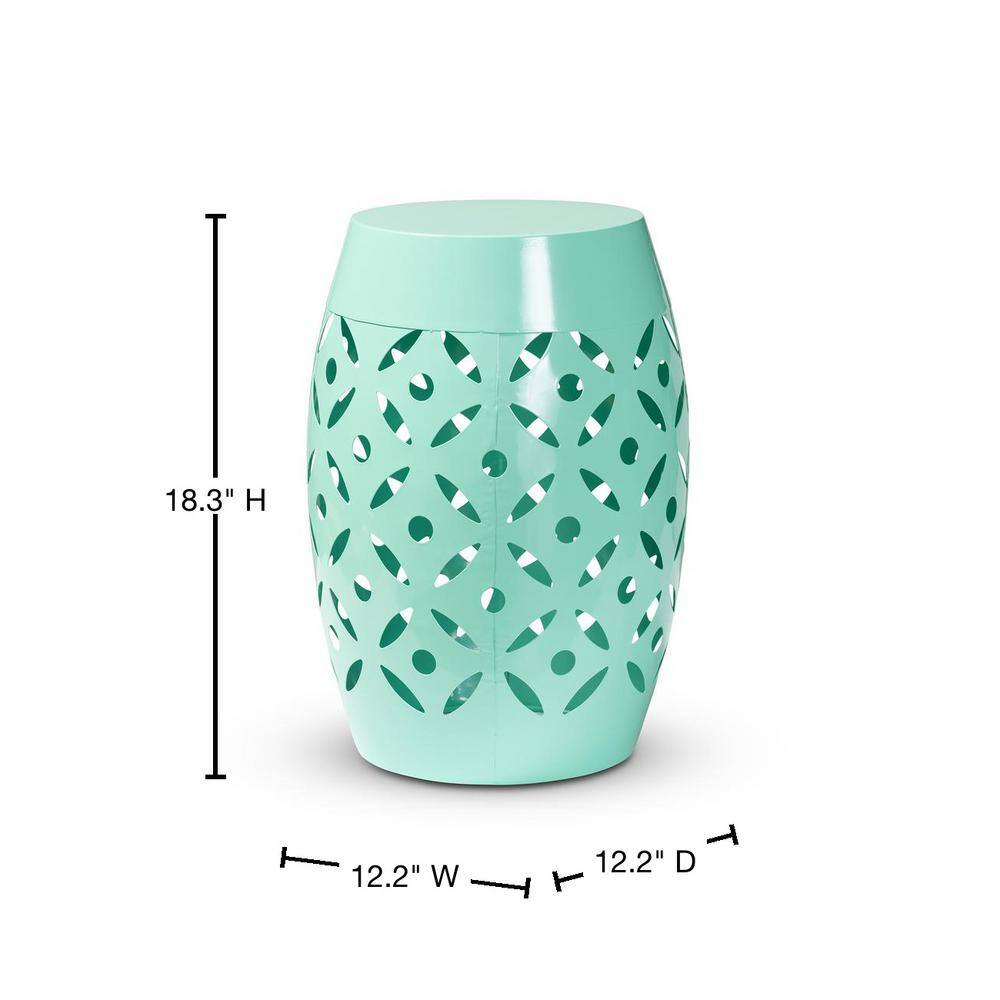 Aqua Blue Metal Barrel Outdoor Side Table with Cut-Out Design