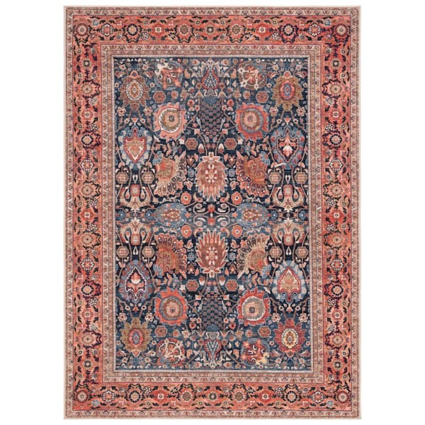 Journey 9 ft. x 12 ft. Navy/Rust Beige Machine Washable Ornate Border Area Rug