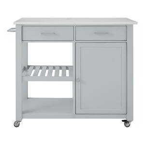 Vining Modern Gray Kitchen Cart with White Marble Top and Double-Drawer Storage with Locking Wheels (44" W)