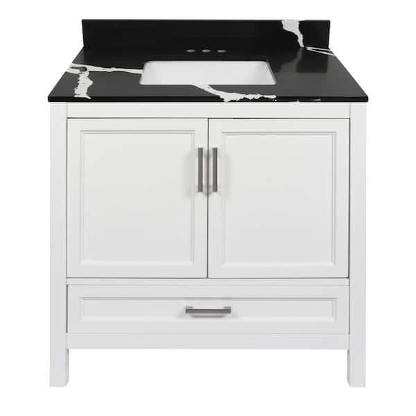 Amluxx Salerno 37 in. W x 22 in. D Bath Vanity in White with Quartz Stone Vanity Top in Calacatta Black with White Basin