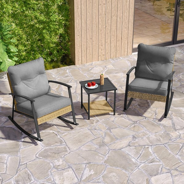 JOYESERY 3 Piece Patio Rocking Bistro Set, Outdoor Porch Furniture Patio Chairs (Set of 2) with Side Table and Gray Cushions