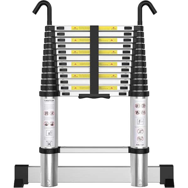 12.5 FT Aluminum Telescoping Ladder with Hooks and Stabilizer, 330lbs Capacity, EN131 Certified