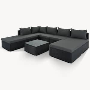 8-Piece Black Wicker Patio Conversation Set with Gray Cushions, Coffee Table