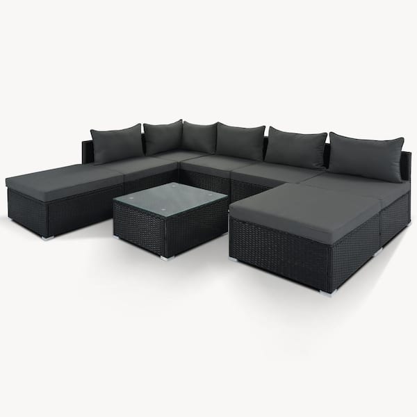 Sudzendf 8-Piece Black Wicker Patio Conversation Set with Gray Cushions, Coffee Table