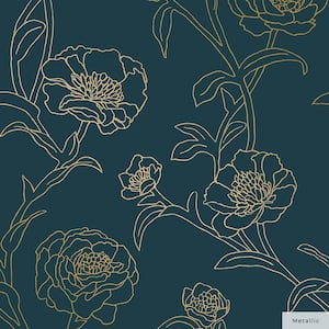 Peacock Blue and Metallic Gold Peonies Vinyl Peel and Stick Wallpaper Roll (Covers 28 sq. ft.)