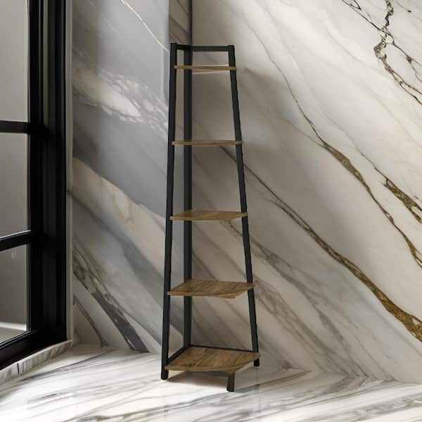 Benjara 63 in. Tall Brown and Black Wood 5-Shelf Standard Bookcase with Metal Frame