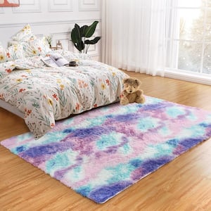 Teal/Purple/Pink 6 ft. x 9 ft. Fluffy Fuzzy Polyester Bottom Area Rug