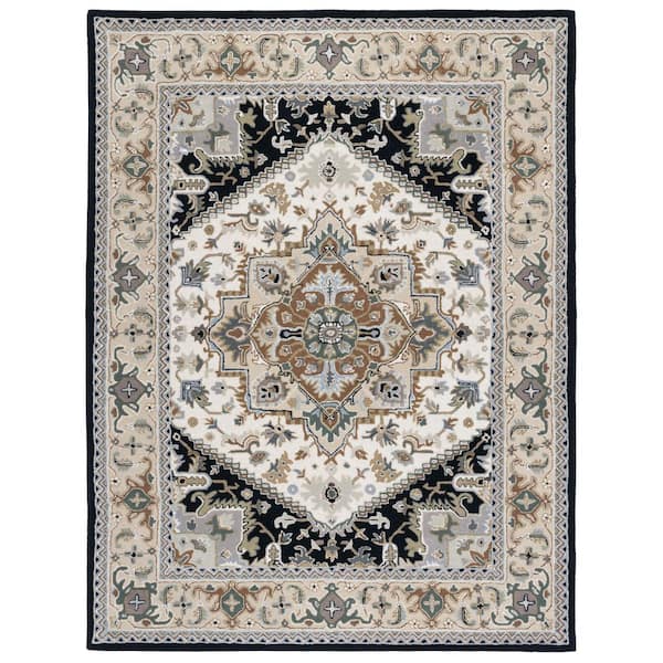 Heritage 11 ft. x 15 ft. Beige/Navy Border Floral Medallion Area Rug