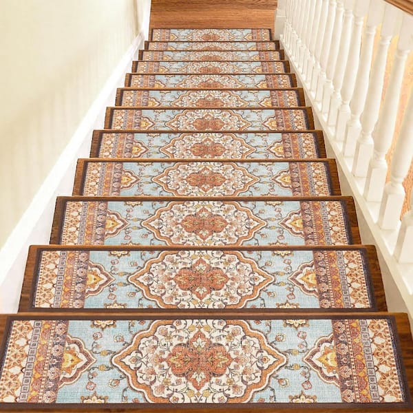 Brown 8 in. x 30 in. Polyester Boho Stair Tread Cover Non Slip (Set of 15)