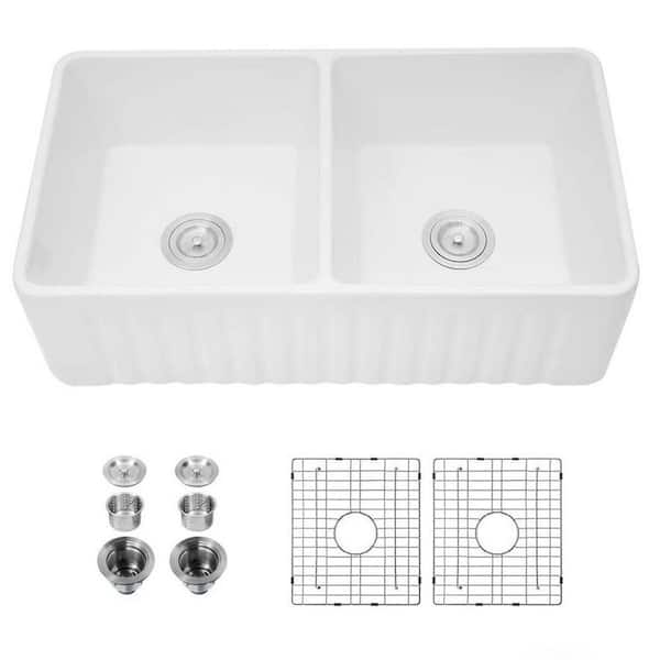 33 in. Drop-In Double Bowl White Ceramic Farmhouse Kitchen Sink with High Gloss Scratch Resistant Finish