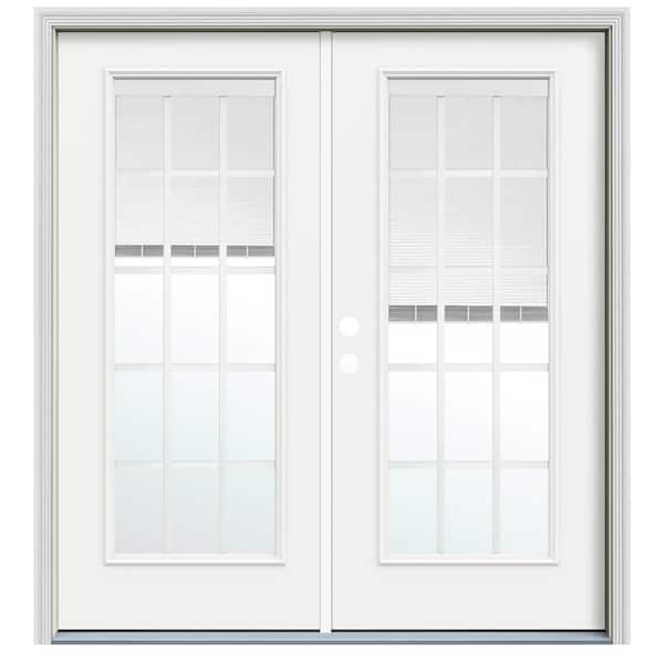 72 in. x 80 in. White Right-Hand/Inswing Fiberglass French Patio Door w/15 Lite Low-E Glass, Blinds and Rot Resist Jamb