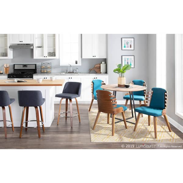 Toriano 26 in. Walnut and Blue Fabric Counter Stool with Chrome Footrest (Set of 2)