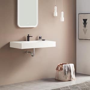 40 in. Wall-Mount or Countertop Bathroom Sink V-Shape Drain Solid Surface Material in Matte White