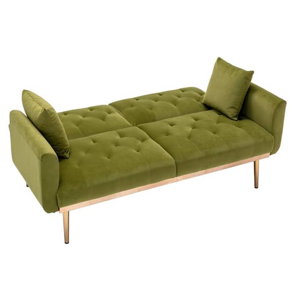 Homefun 63 77 In Wide Olive Green Velvet Upholstered 2 Seater Convertible Sofa Bed With Golden Metal Legs