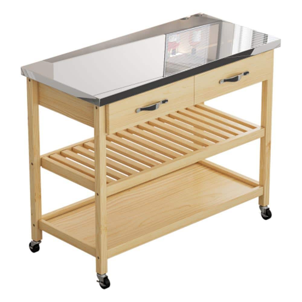 3-Tier Light Brown Wood Metal Kitchen Cart with 2-Drawers, Rotatable Shelve