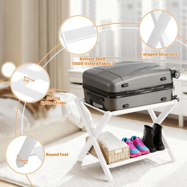Wudkey White Bamboo Luggage Rack, Folding Suitcase Stand with