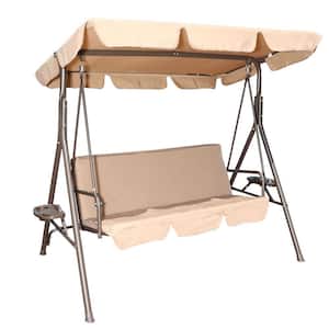 3-Person Metal Beige Patio Swing Chair with 2 Utility Tray