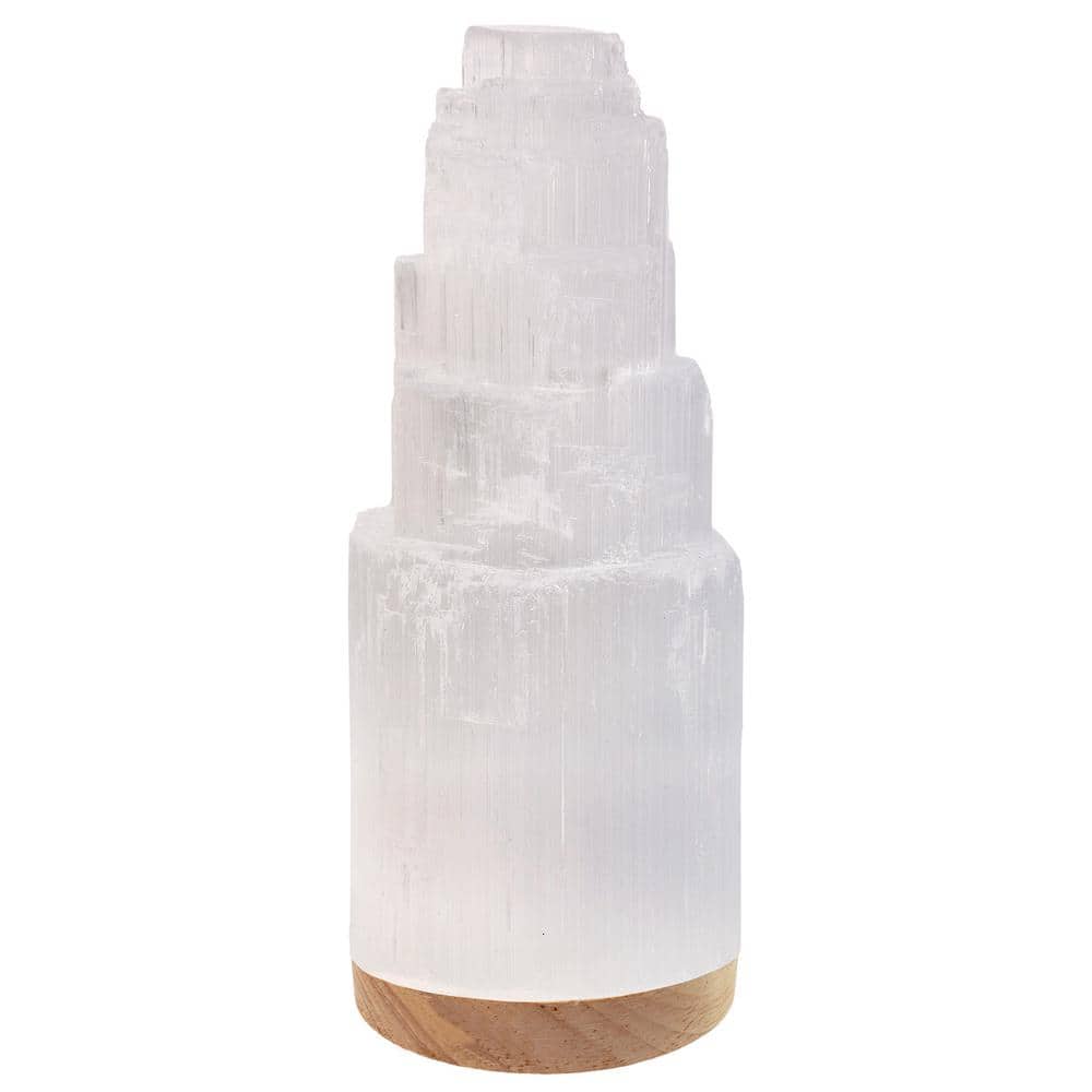 Selenite Crystal Lamp 20 cm, LED Night Light Hand Curved Wooden Base w/Ligh