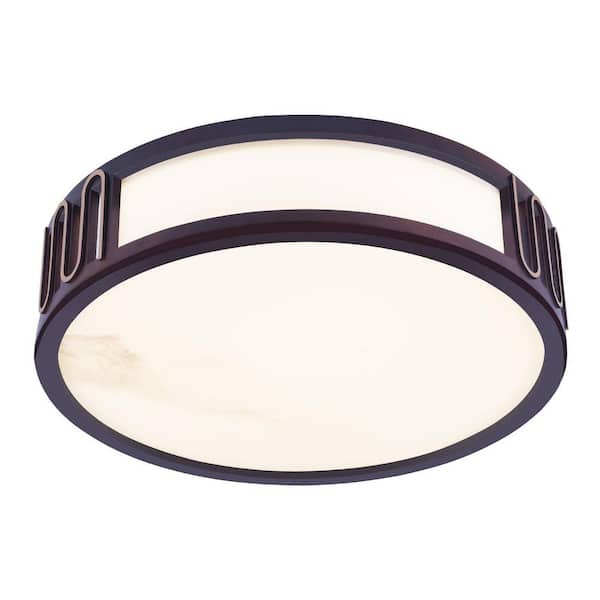 OUKANING 20.47 in. White and Brown Modern Round Flush Mount Ceiling Light with Acrylic Shade and Integrated LED Light
