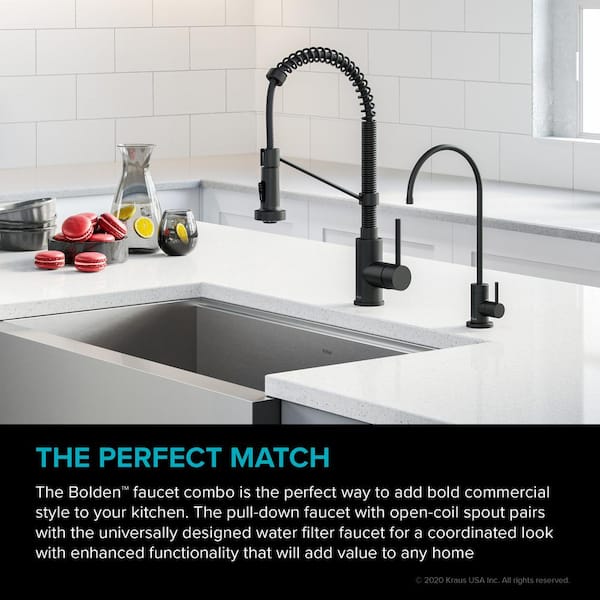 Kraus Bolden Commercial 1 Handle Pull Down Kitchen Faucet And Purita Water Filtration Faucet In Matte Black Kpf 1610 Ff 100mb The Home Depot