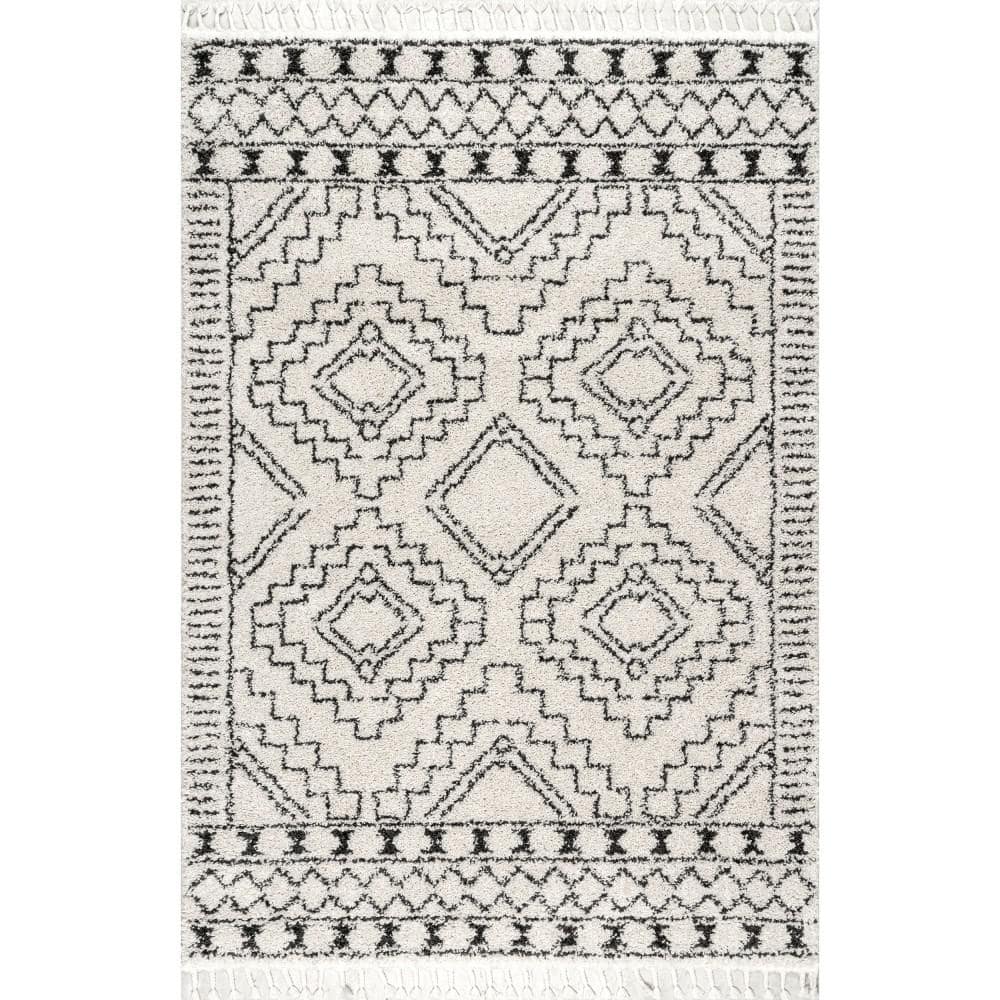 Ivory Geometric Braided Shag Area Rug with Tassels