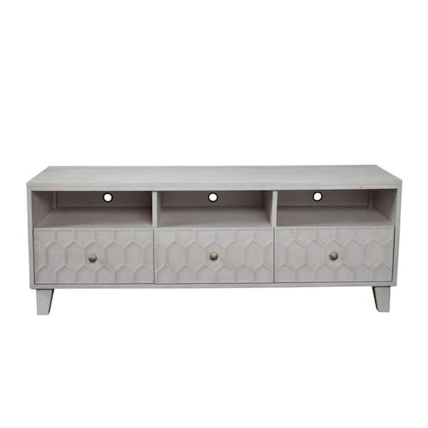Benjara 64 in. Gray Wood TV Stand Fits TVs up to 70 in. with 3 Drawers