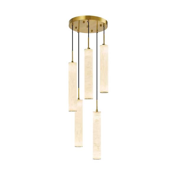 Natural Alabaster 50W 5-Light Gold 4000K Integrated LED Pendant Lights with White Marble Long Tube Shade for Kitchen