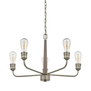 Palermo Grove 24 in. 5-Light Antique Nickel Coastal Chandelier with Wood Accents for Dining and Kitchen