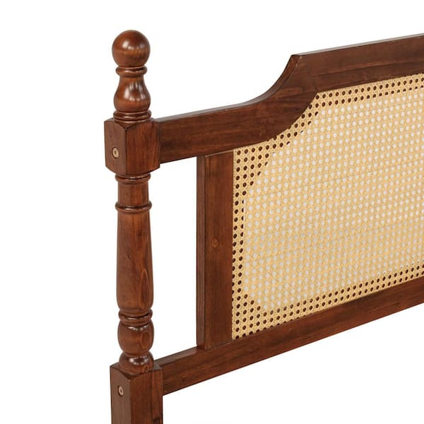 Walnut Brown Solid Wood Pine Frame King Size Bed Platform Bed with Rattan Headboard