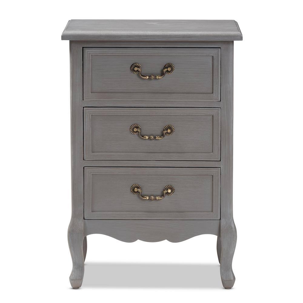 Gray Fir and Engineered Wood 3-Drawer Nightstand with Cabriole Legs