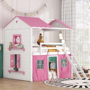 White Full over Full Wood Bunk Bed with Elegant Windows, Sills and Pink Tent