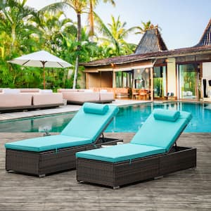 Brown PE Wicker Outdoor Chaise Lounge with Blue Cushions, 2 Piece patio lounge chair, recliner chair with side table