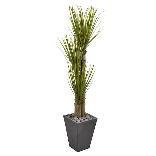 Nearly Natural 5.5 ft. Indoor Triple Stalk Yucca Artificial Plant in Slate Planter