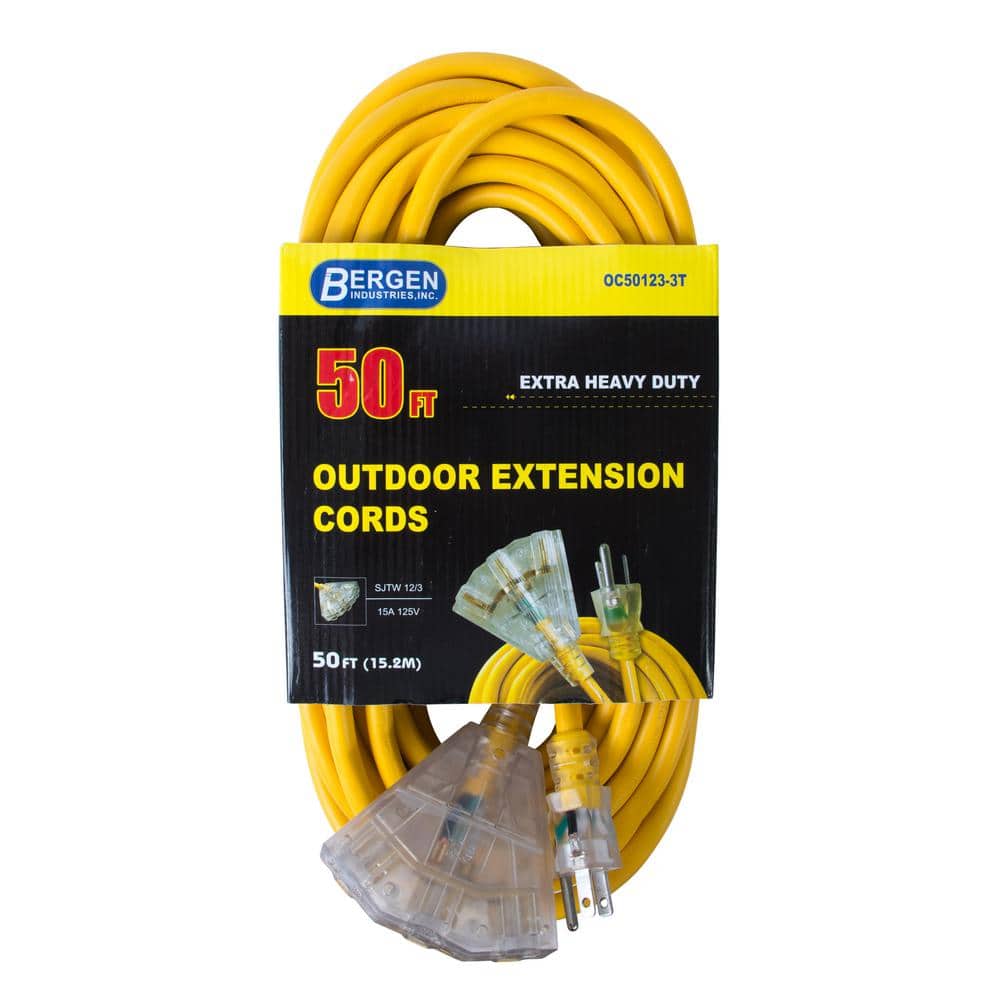 200 ft Power Extension Cord Outdoor & Indoor Heavy Duty 12 Gauge/3 Prong  SJTW (Yellow) Lighted end Extra Durability 8 AMP 125 Volts 1000 Watts by