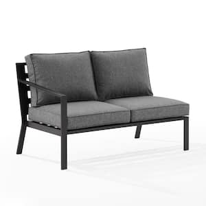 Clark Matte Black Metal Left Arm Outdoor Sectional Loveseat with Charcoal Cushions