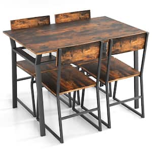 5-Piece Brown Wood Top Dining Table Set Industrial Rectangular Kitchen Table with 4-Chairs