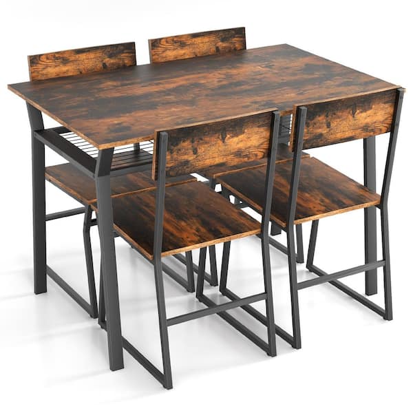 Costway 5-Piece Brown Wood Top Dining Table Set Industrial Rectangular Kitchen Table with 4-Chairs