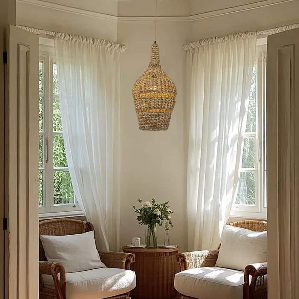 Homa 60W 24 in. 1-Light Gold Coastal Boho Rattan Pendant Light for Dining Room, Bedroom with Rattan Brown Shade price history on PriceWatchPro