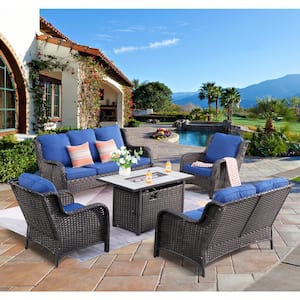 Daydreamer 5-Piece Wicker Patio Fire Pit Set with Rectangular Navy Blue Cushions