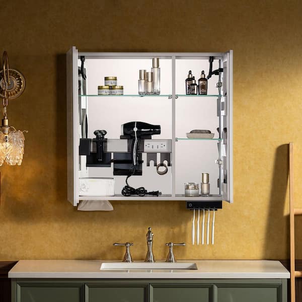 30 in. W x 28 in. H Rectangular Aluminum Surface-Mount Bathroom Medicine Cabinet with Mirror and LED Light in White
