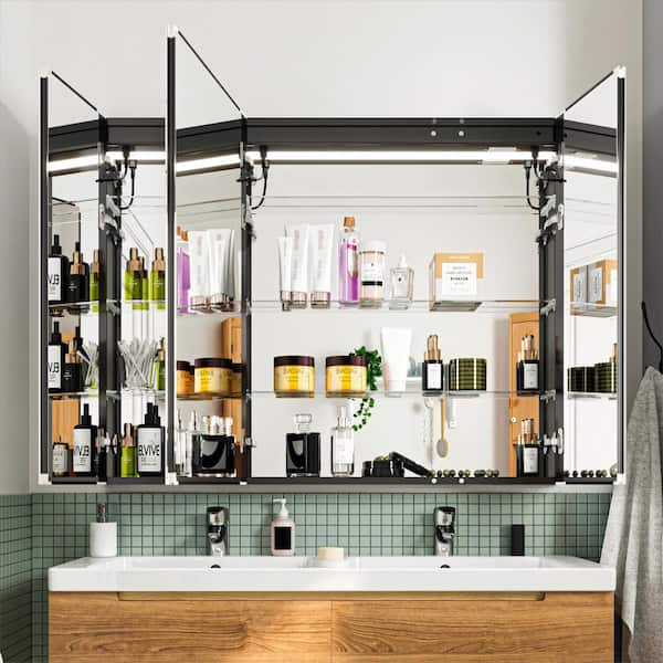 48 in. W x 36 in. H Rectangular Black Aluminum LED Recessed/Surface Mount Medicine Cabinet with Mirror