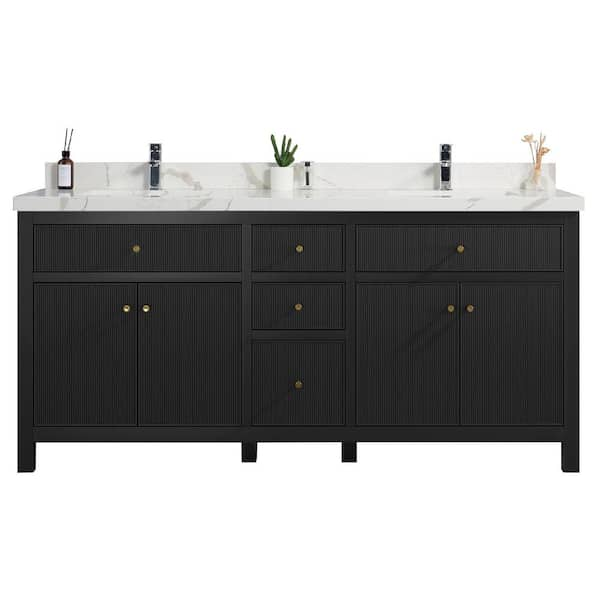 Farmhouse 72 in Double Sink Bathroom Vanity in Grey with Calacatta Gold  Quartz Countertop