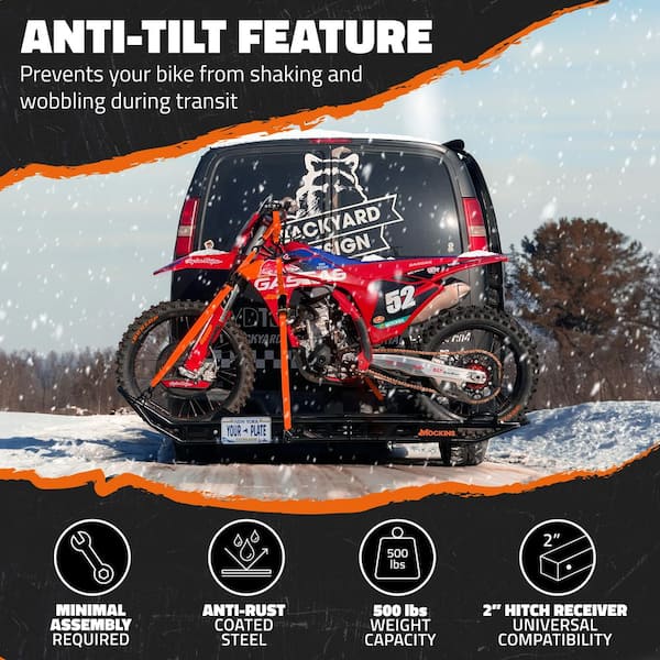 Mockins 510 lbs. Capacity Dirt Bike Hitch Hauler - Ramp Free, Tilting Design for Easy 1-Person Loading - Gas Can Attachment