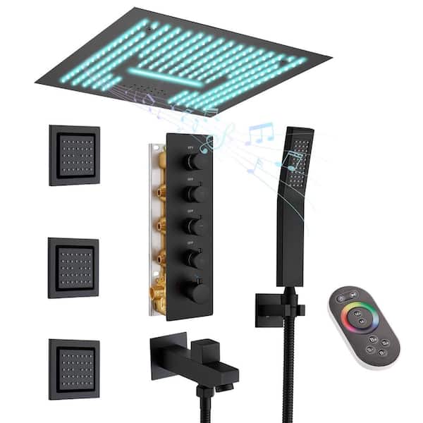 LED Music 4-Spray Patterns Thermostatic 16 in. Ceiling Mount Fixed and Handheld Shower Head with 3-Jet in Matte Black