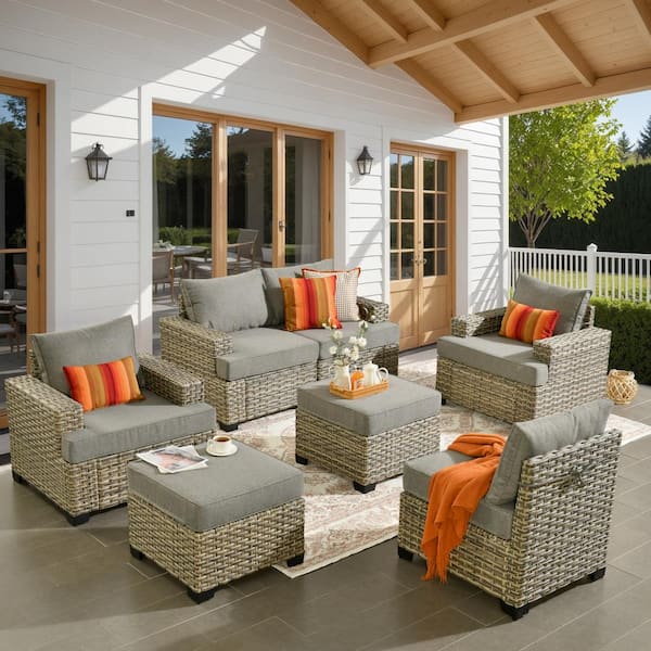 HOOOWOOO Kelleys 7-Piece Wicker Modern Outdoor Patio Conversation Sofa Seating Set with Dark Grey Cushions